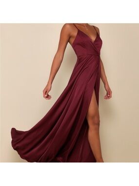 Lulu's Wine Red Spaghetti-Strap Maxi Dress with High Slit